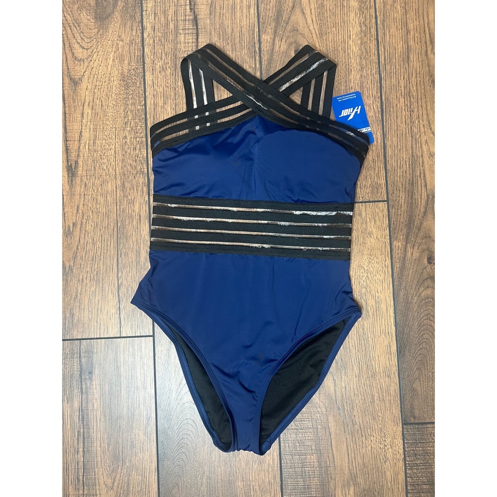 Hilor Womens Navy Blue Mesh Stripe Cross Front One Piece Swimsuit Size S 4-6 NEW - Picture 2 of 8